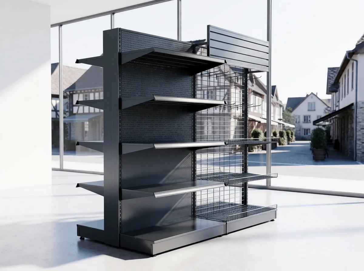 A powder-coated steel shelving gondola with wire and slatwall panels